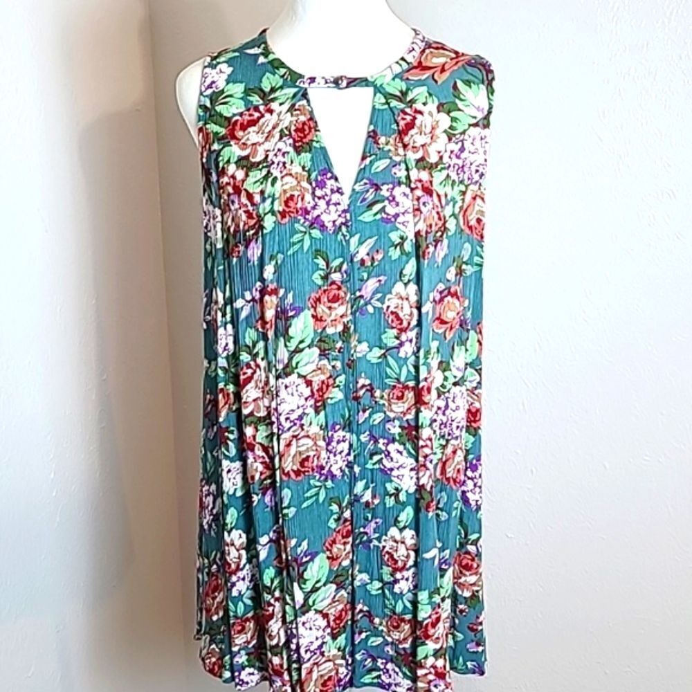 Umgee Mini-Dress Teal Orange/White Flowers, 1 Button Neckline & Loophole, Small